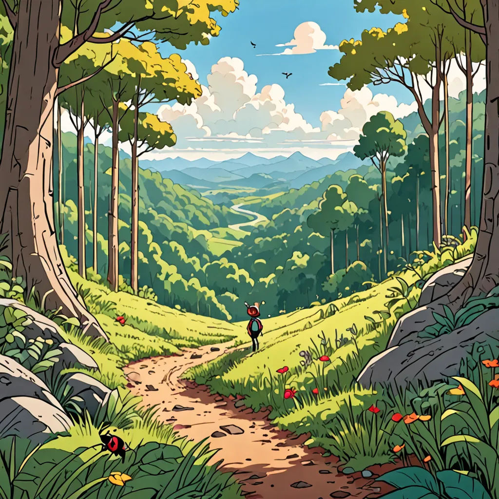 a painting of a person walking down a trail in the woods with mountains in the background and flowers in the foreground, environmental art, a comic book panel, Dan Mumford, forest