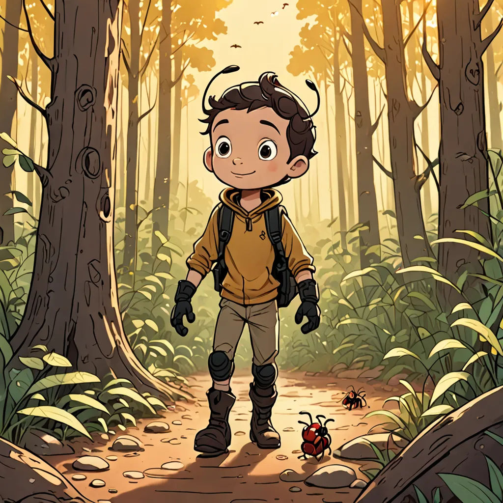a boy with a backpack walking through a forest with a lady bug on the ground in front of him, serial art, a character portrait, Diego Gisbert Llorens, comic cover art