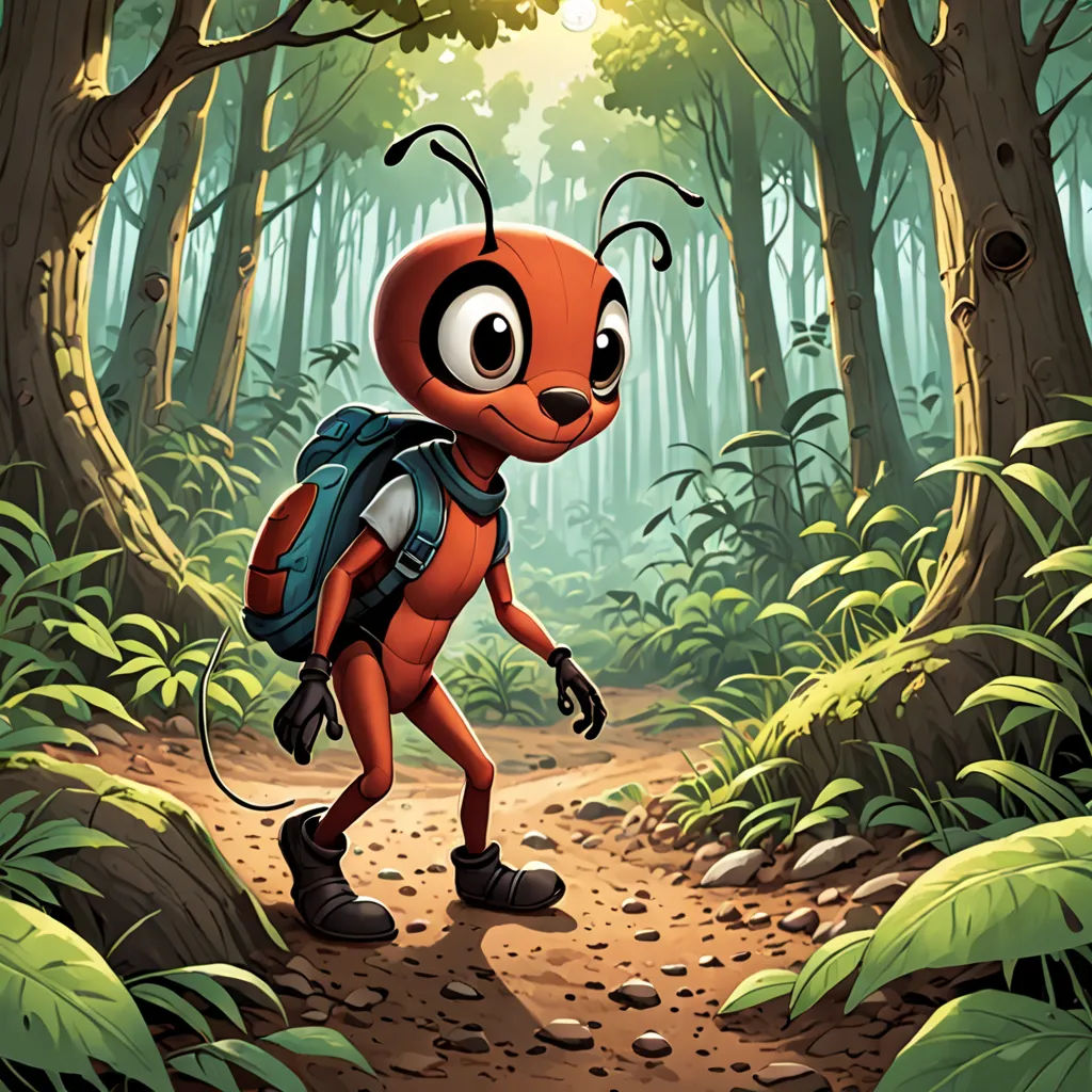 a cartoon ant with a backpack walking through a forest of trees and ferns, with a sunbeam in the background, sots art, a character portrait, Chris LaBrooy, promotional image
