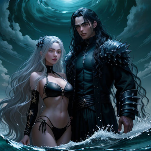 a couple of people standing in the water together in front of a wave of water with a moon in the background