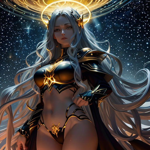 a woman in a bikini with a halo above her head and a star above her head, with a halo above her head