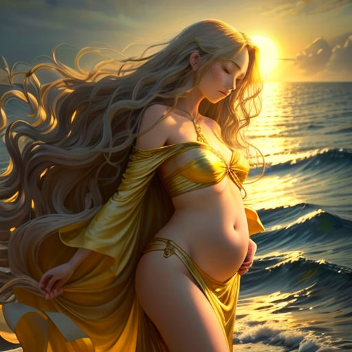 a painting of a woman in a yellow dress on the beach at sunset with waves crashing in the background