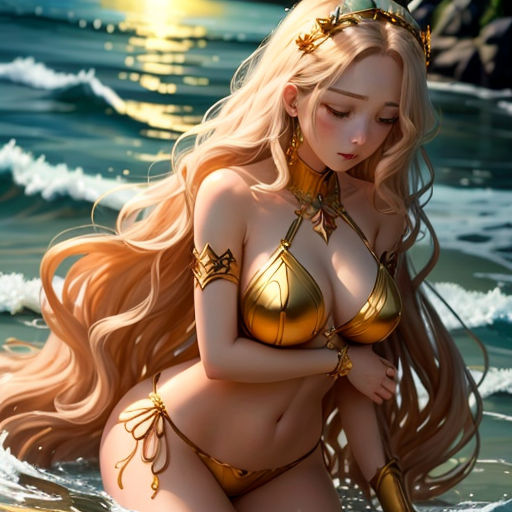 a beautiful blonde woman in a bikini and gold jewelry sitting in the ocean with waves crashing behind her and a full moon in the sky