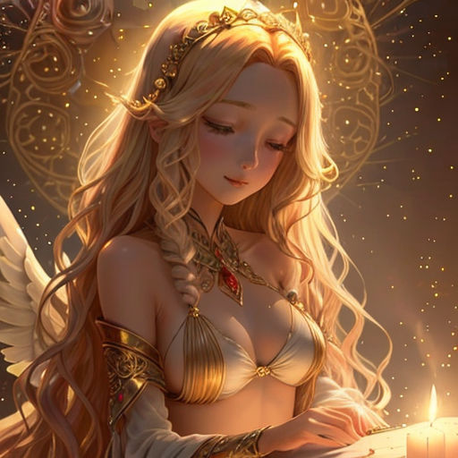 a woman with long blonde hair and a golden outfit holding a candle in her hand and a candle lit in the background