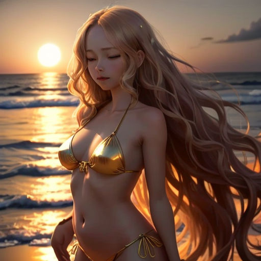 a woman in a bikini standing on a beach at sunset with her hair blowing in the wind and the sun shining behind her