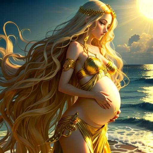 a pregnant woman in a gold dress on the beach with waves coming in from the ocean and a sun shining behind her