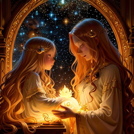two girls looking at a glowing candle in a window with stars in the background and a star filled sky