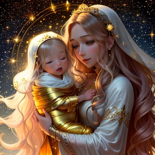 a woman holding a baby in her arms with stars in the background of the sky behind her and a star in the sky behind her
