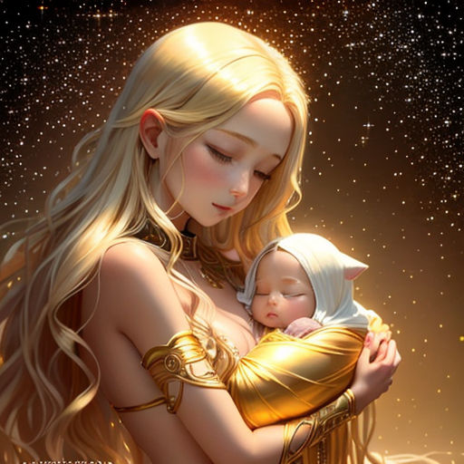 a woman holding a baby in her arms with stars in the background and a sky full of stars behind her