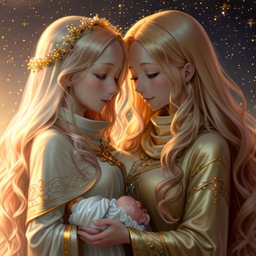 two women are holding a baby in their arms and a star in the background of the sky above them