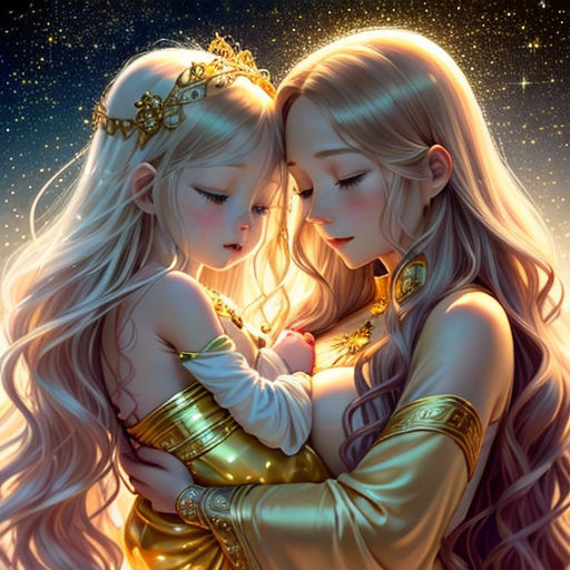 two girls hugging each other in front of a night sky with stars and a star filled sky behind them