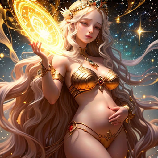 a woman in a gold bikini with a gold butterfly on her head and a gold crown on her head