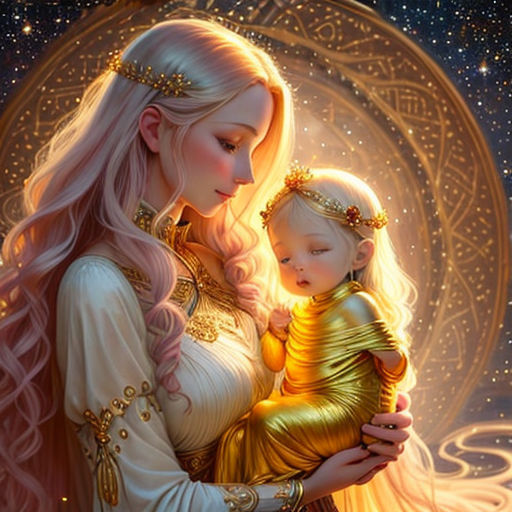 a woman holding a baby in her arms in front of a moon and stars background with a star filled sky