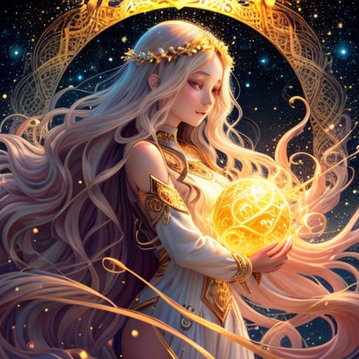 a woman holding a ball in her hands with a golden crown on her head and a golden crown on her head