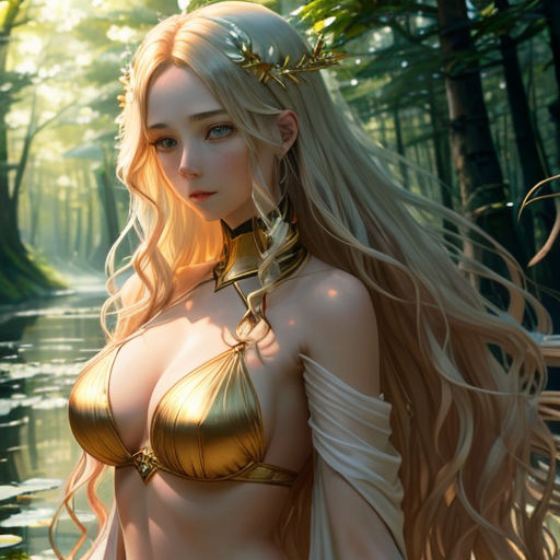a woman in a bikini standing in the woods with long blonde hair and a gold outfit on her chest