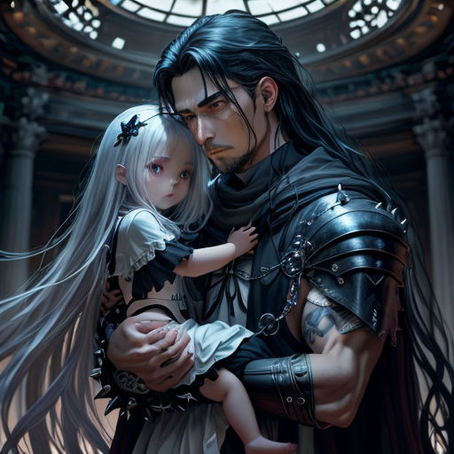 a man holding a child in his arms in front of a clock tower with a clock on it's face