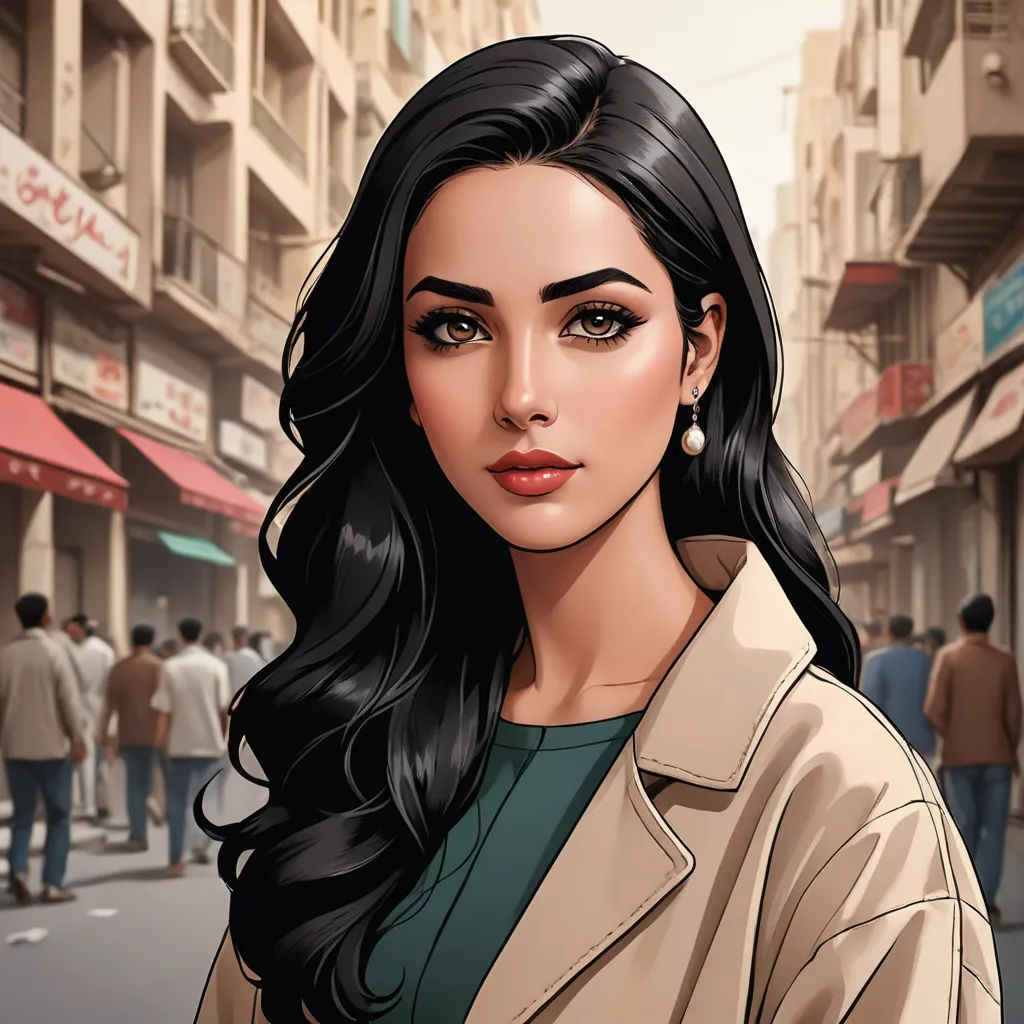 a woman in a trench coat is standing on a street corner with people walking by and buildings in the background, serial art, a character portrait, Artgerm, city background