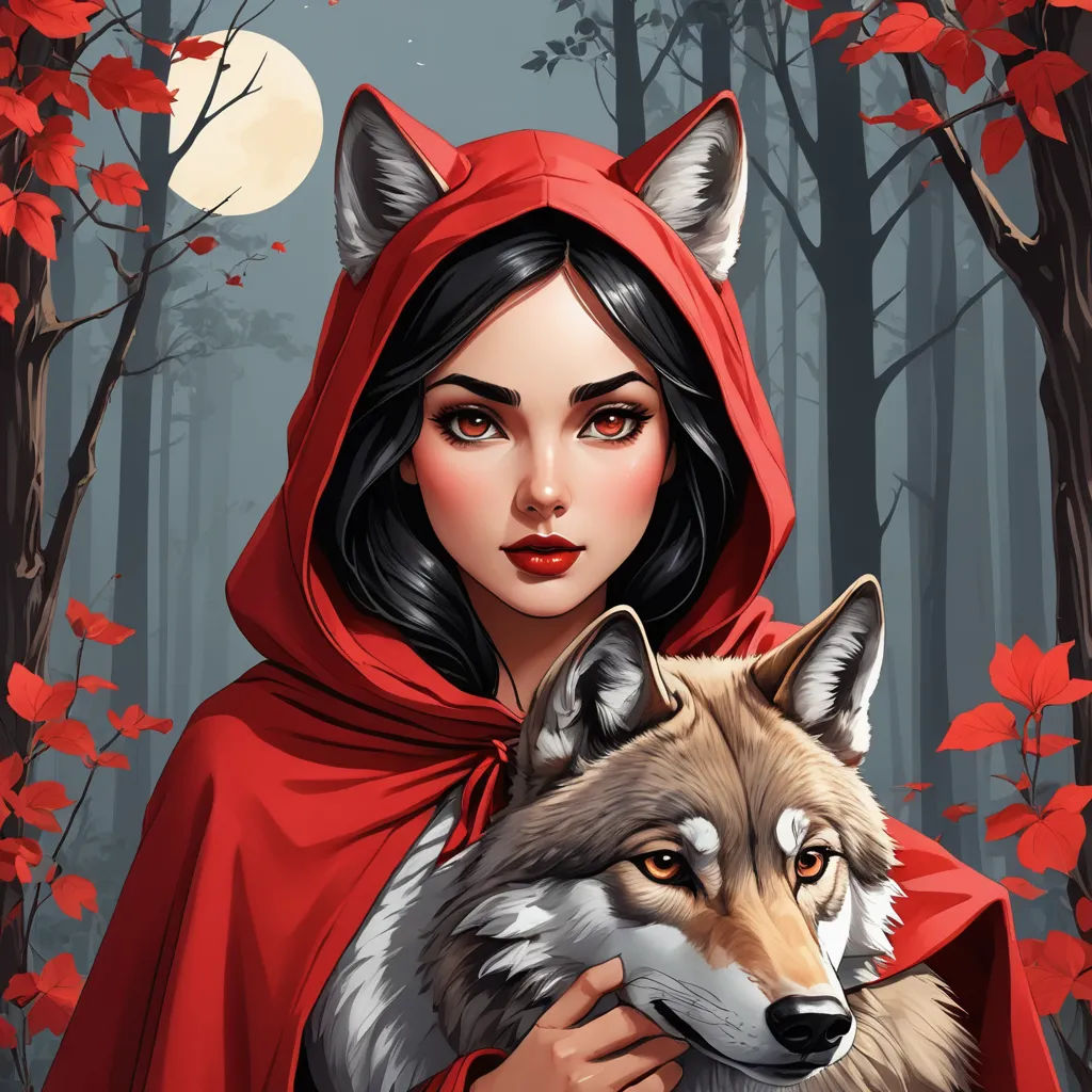 a woman in a red cloak holding a wolf in a forest with red leaves on the trees and a full moon in the background, fantasy art, a character portrait, Anne Stokes, fantasy character portrait