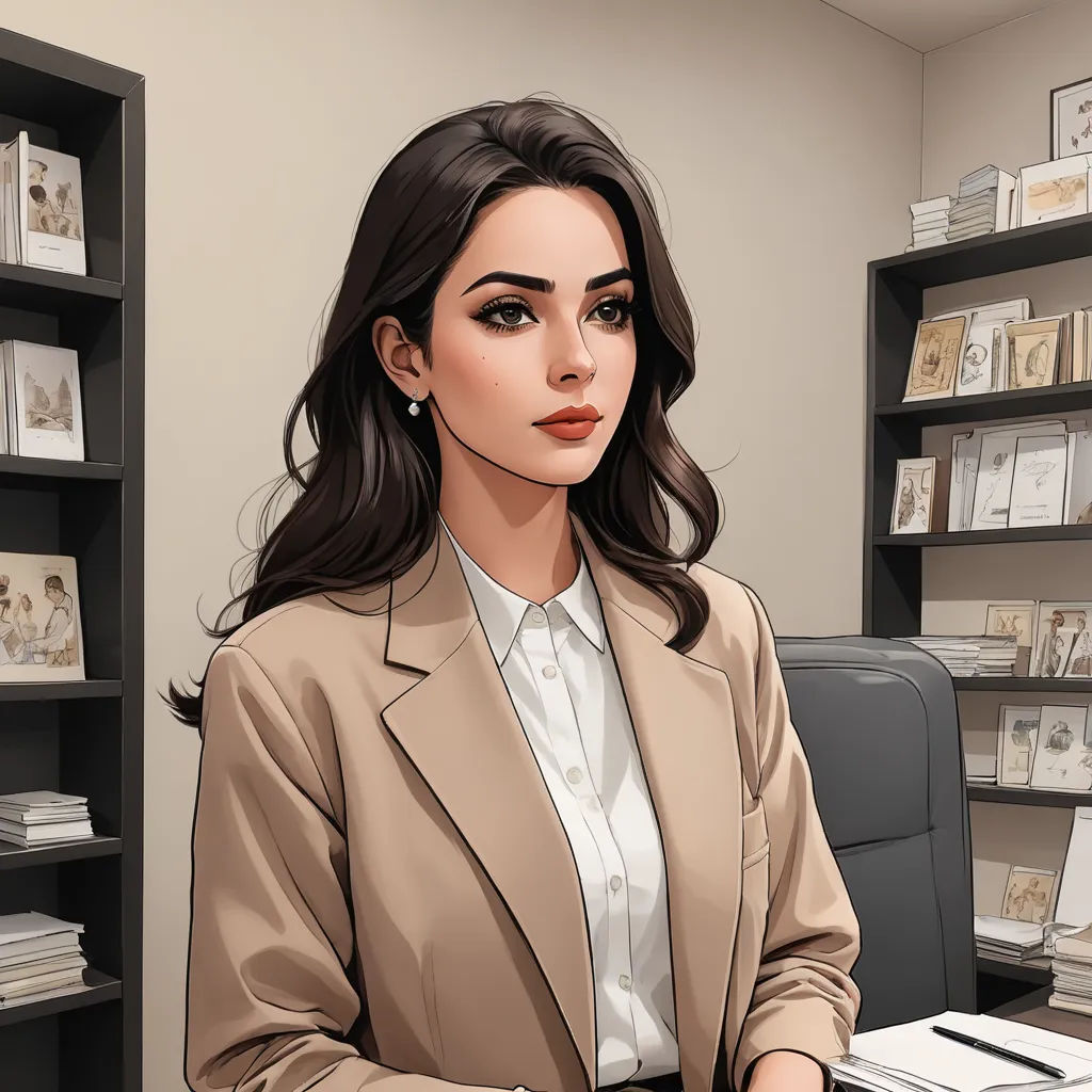 a woman sitting at a desk with a laptop computer in front of her and a bookcase behind her, remodernism, a character portrait, Elina Karimova, realistic face