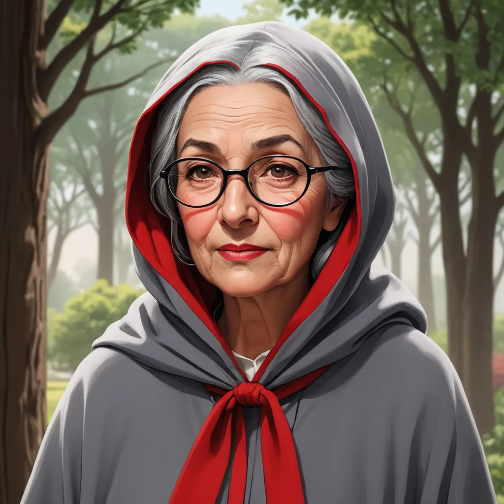 a painting of a woman wearing a red hoodie and glasses in a forest with trees and bushes behind her, serial art, a character portrait, Ada Gladys Killins, character portrait