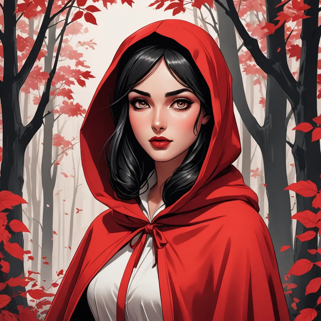 a painting of a woman in a red cloak in a forest with red leaves on the trees and a red background, fantasy art, a character portrait, Charlie Bowater, trending on art station