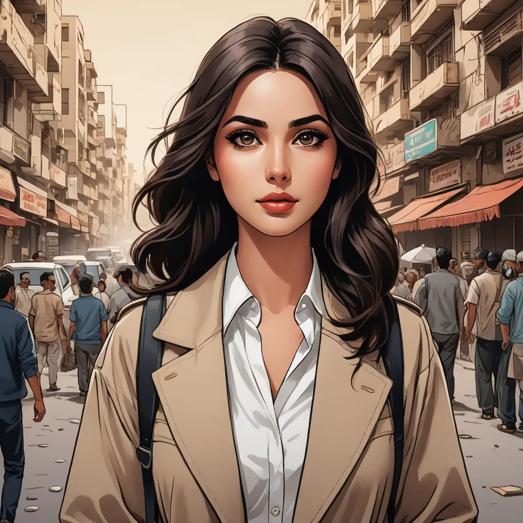 a woman in a trench coat is standing in a crowded street with people walking around her and a man in a suit is standing behind her, serial art, a comic book panel, Artgerm, graphic novel