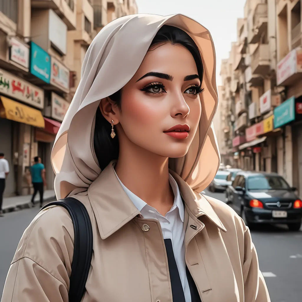a woman in a beige trench coat and a black backpack on a city street with a car in the background, aestheticism, a digital painting, Bouchta El Hayani, ultra realistic digital art