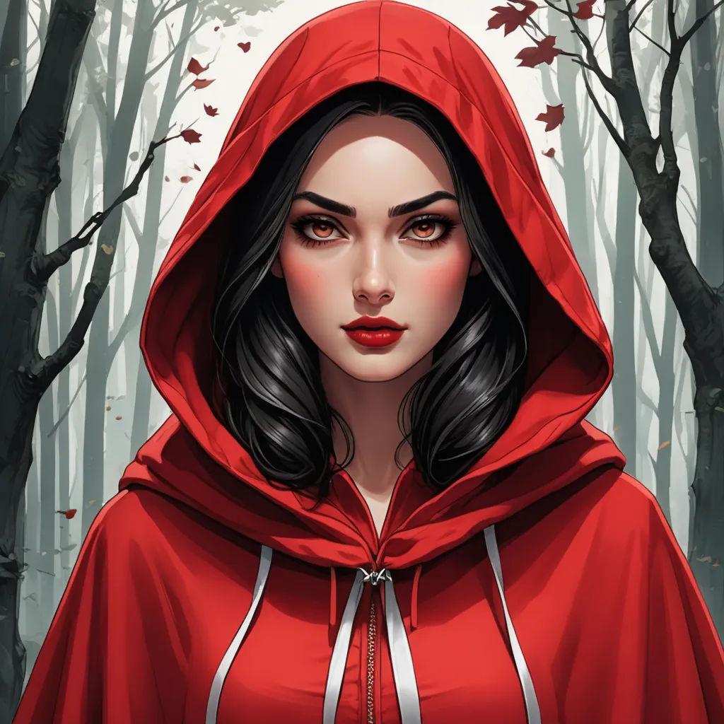 a woman in a red hooded jacket in a forest with trees and leaves on the ground, with a red hoodie on, fantasy art, a character portrait, Charlie Bowater, trending on art station