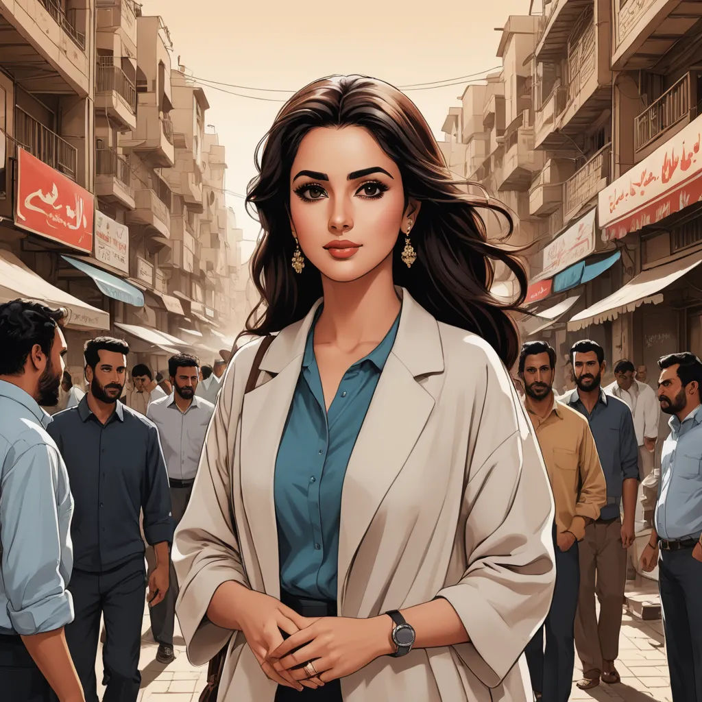 a woman in a blue shirt and a man in a suit and tie are standing in a crowded street, serial art, a comic book panel, Ambreen Butt, official art