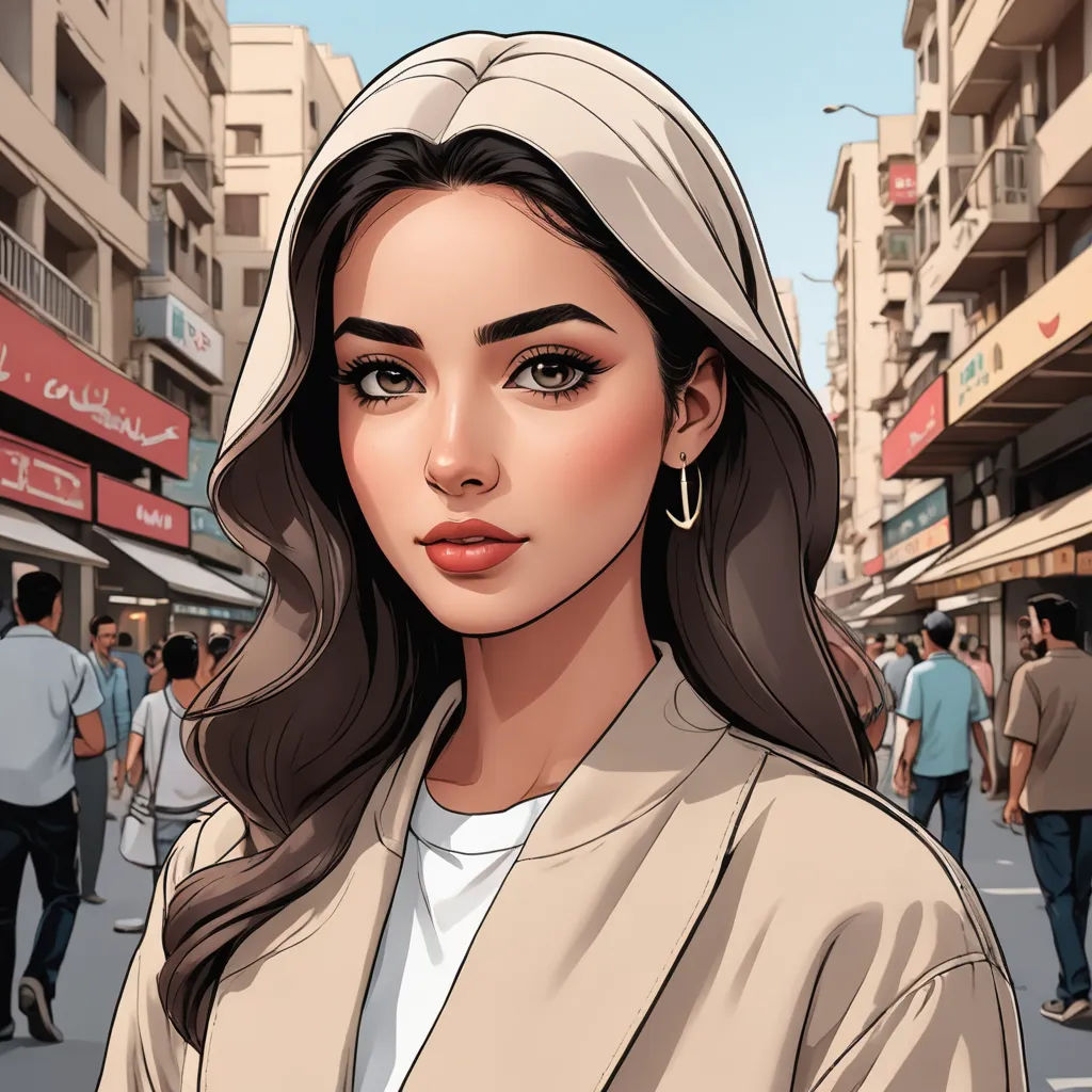 a woman in a white dress and a headscarf on a city street with people walking around her, aestheticism, a comic book panel, Altoon Sultan, city background