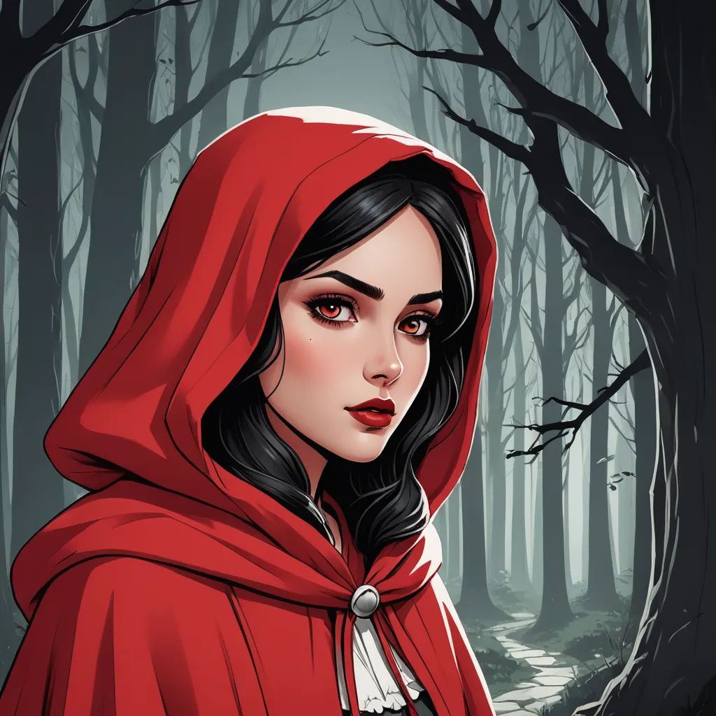 a woman in a red cloak in a forest with a trail in the background and trees in the foreground, fantasy art, a character portrait, Charlie Bowater, fantasy character portrait