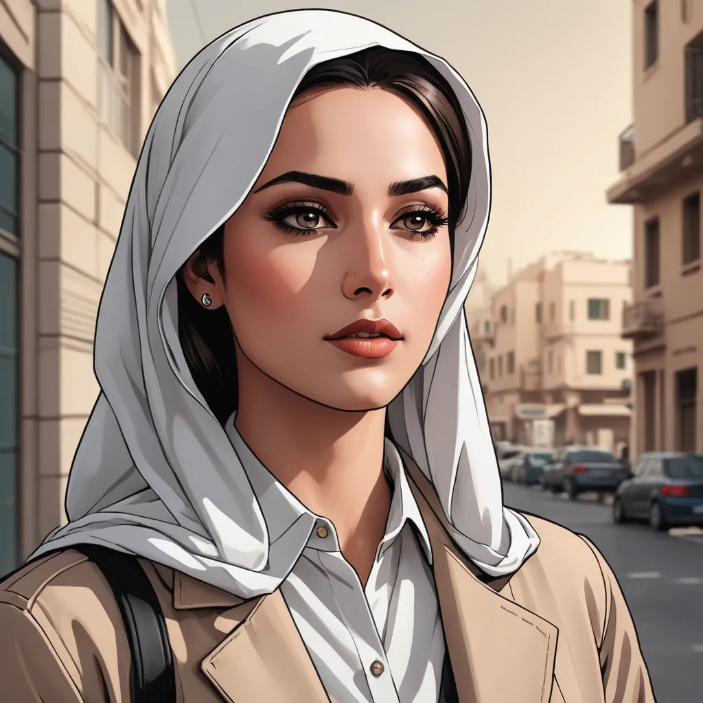 a woman in a white headscarf is standing on a street corner with a city in the background, serial art, a comic book panel, Atey Ghailan, ultra realistic illustration