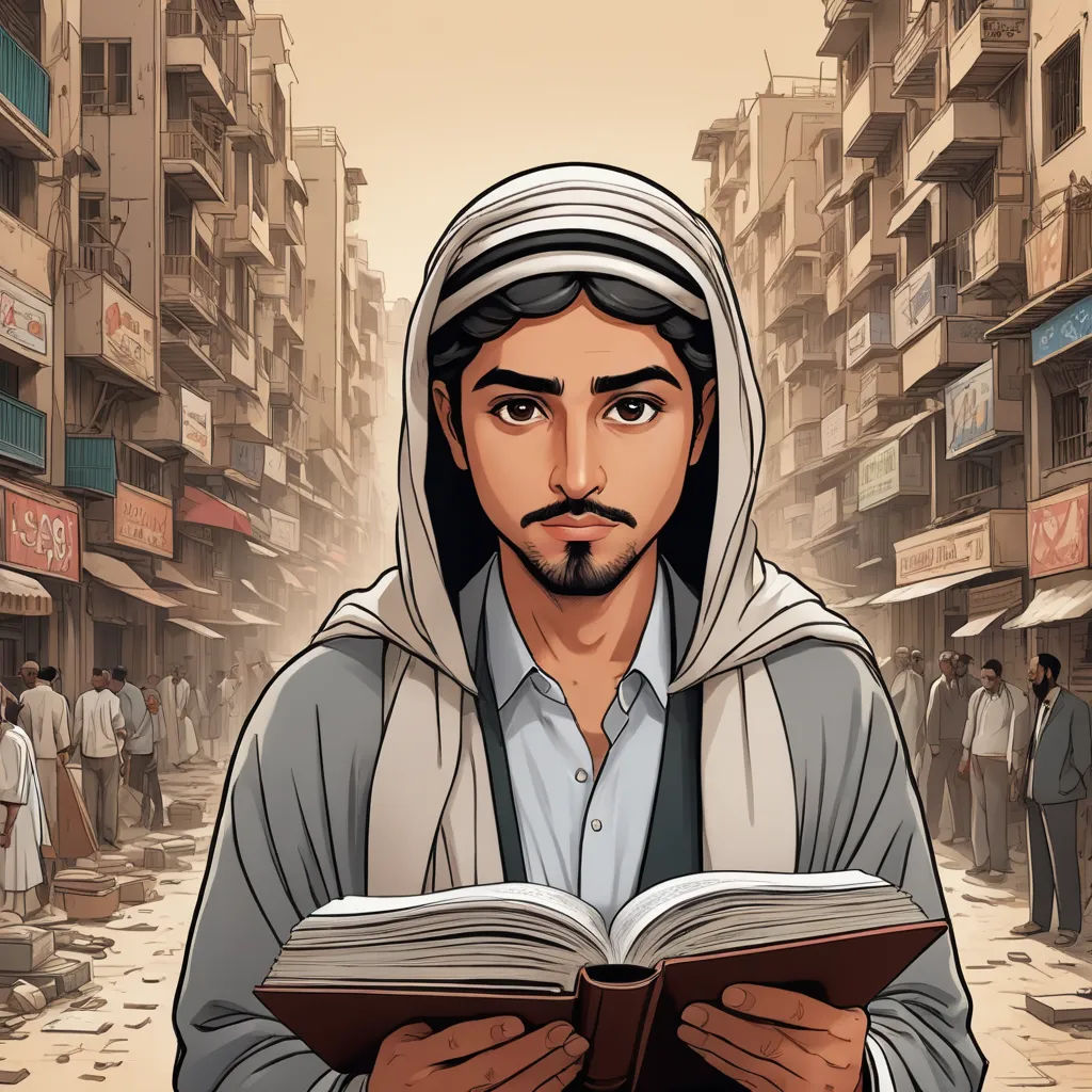a man in a hooded jacket reading a book in a street with people walking around him and buildings in the background, hurufiyya, a character portrait, Altoon Sultan, graphic novel