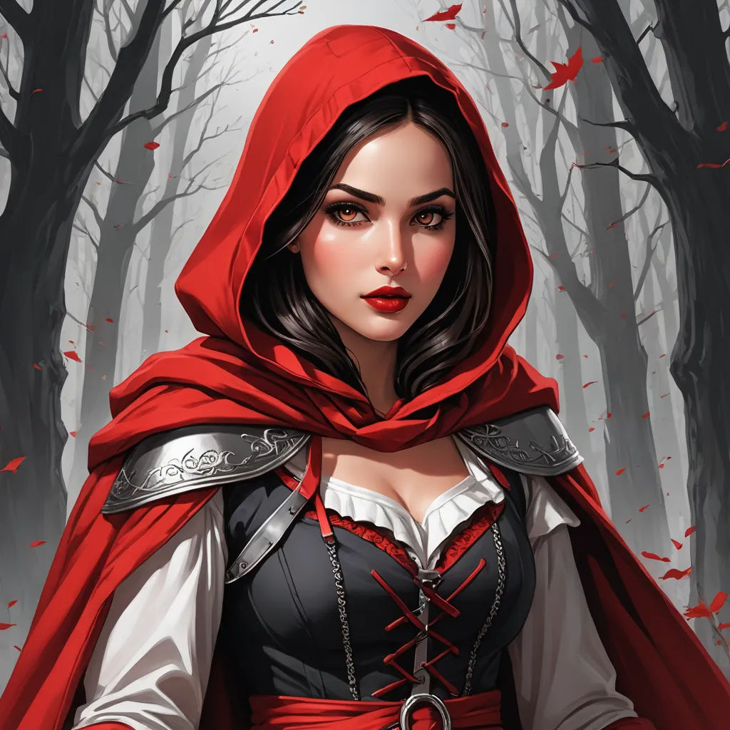 a woman in a red cape and dress in a forest with trees and leaves on the ground and a red hood on, fantasy art, a detailed painting, Anne Stokes, fantasy character portrait