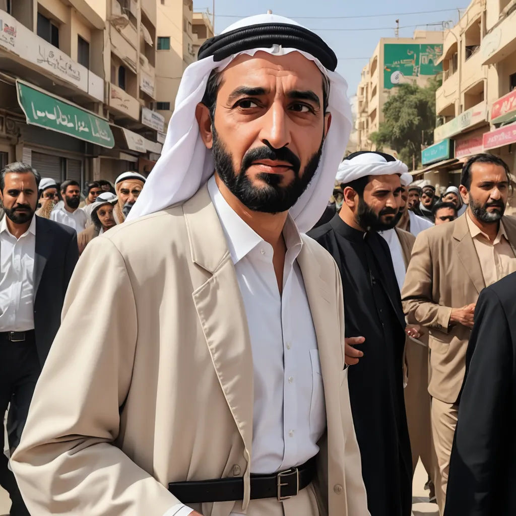 a man in a suit and a beard standing in front of a crowd of men in a city street, hurufiyya, a character portrait, Ahmed Karahisari, orientalism