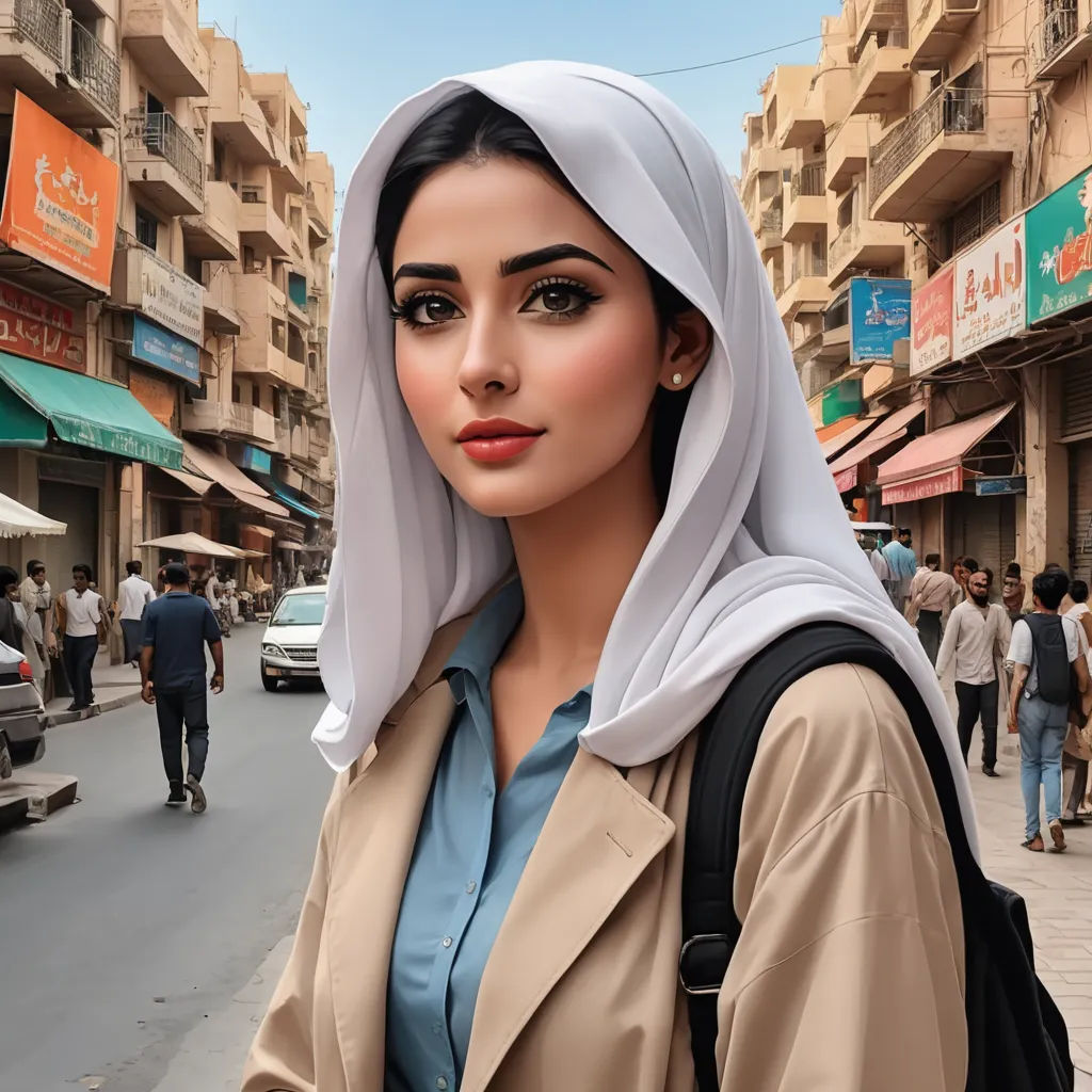 a woman with a veil on her head is standing on a street corner in a city with people walking around, hurufiyya, a photorealistic painting, Bouchta El Hayani, ultra realistic digital art