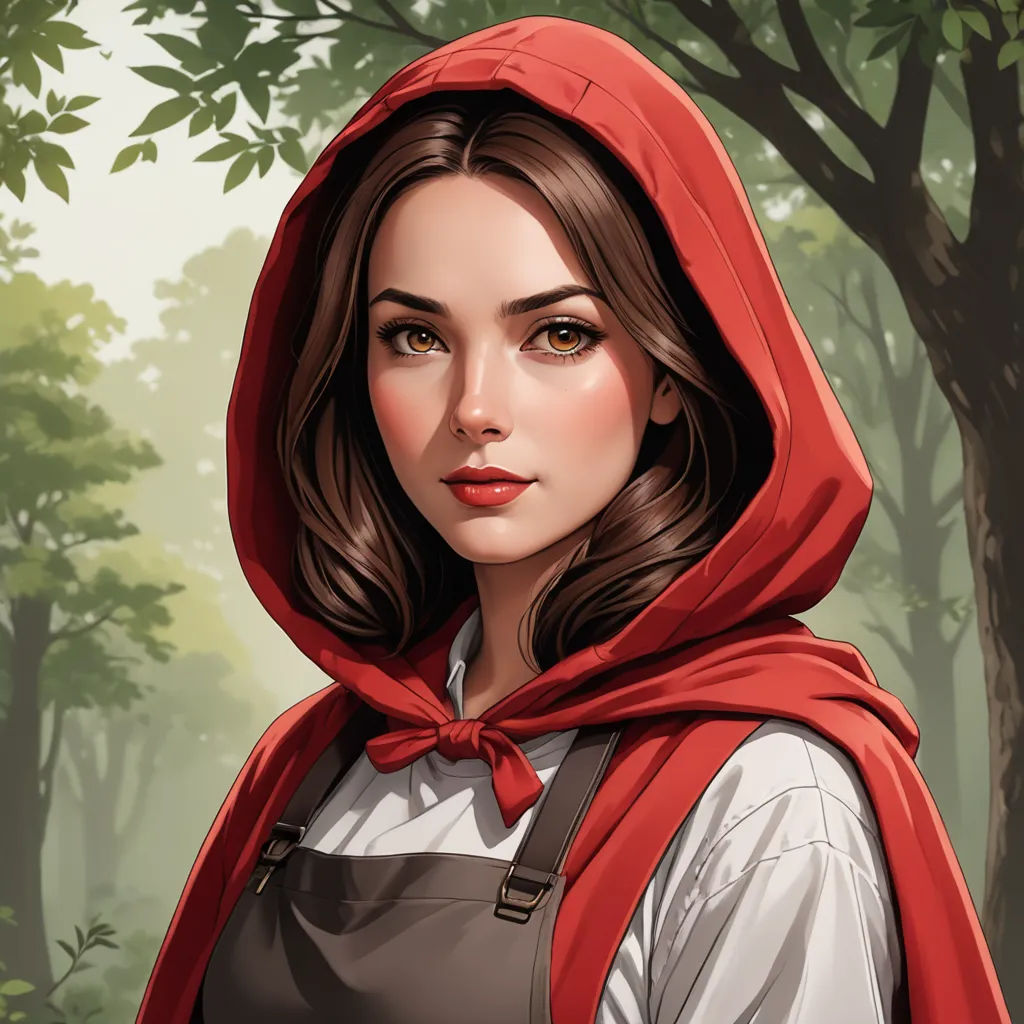 a woman in a red hoodie is standing in a forest with trees and bushes behind her, with a red scarf over her head, fantasy art, a character portrait, Charlie Bowater, fantasy character portrait