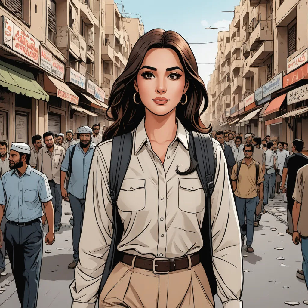 a woman in a shirt and pants walking down a street with a backpack on her back and a crowd of people walking by, serial art, a comic book panel, Asaf Hanuka, graphic novel