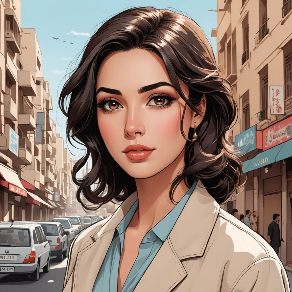 a woman in a suit and blue shirt standing in front of a street with cars and buildings on both sides, serial art, a character portrait, Artgerm, city background