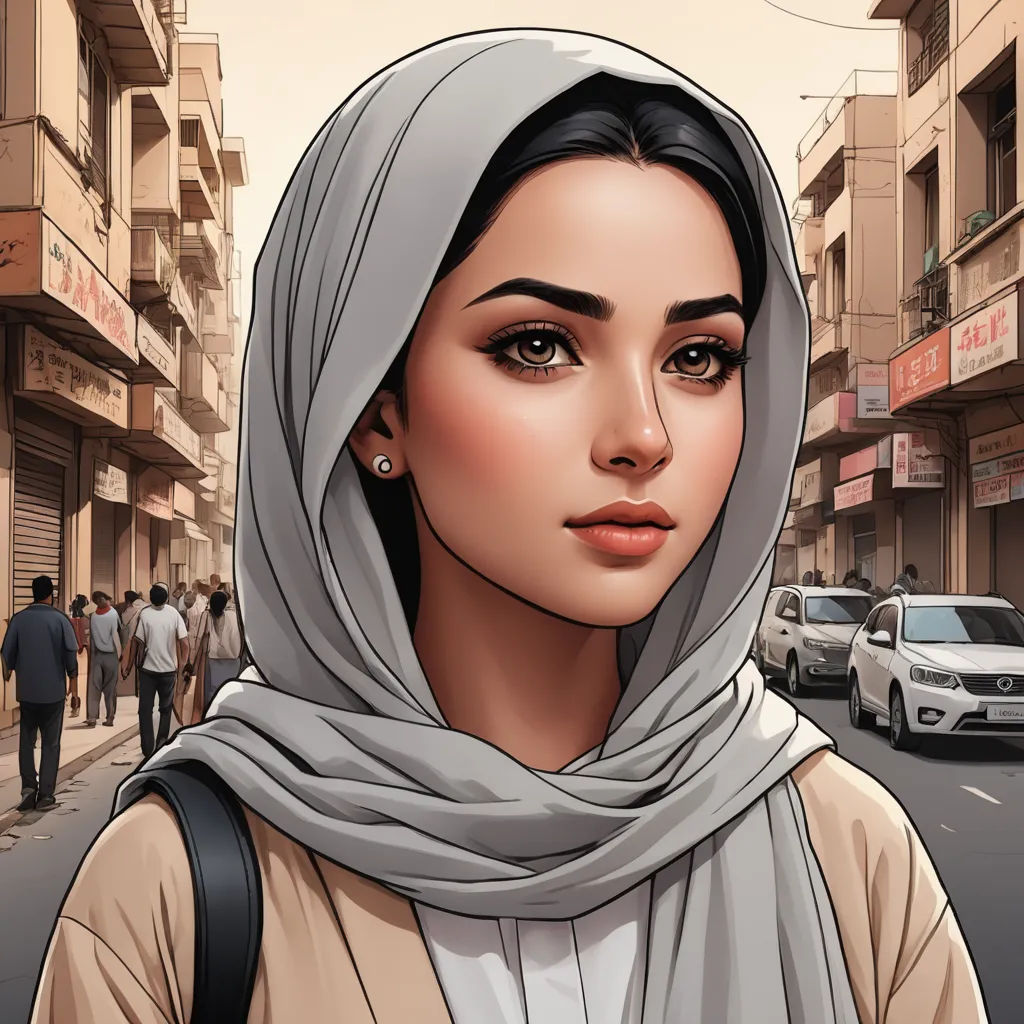 a woman in a headscarf is standing on a street corner with a car in the background and people walking on the sidewalk, photorealism, a comic book panel, Charlie Bowater, trending on art station
