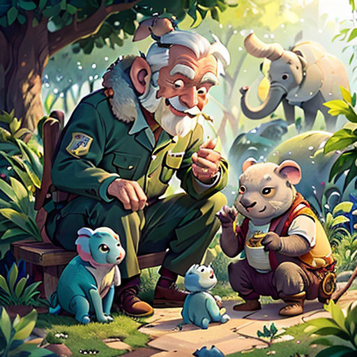a man sitting on a bench next to a small animal and a baby elephant in a forest with elephants