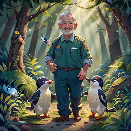 a man standing in front of a forest with penguins and birds on it's sides, with a forest background