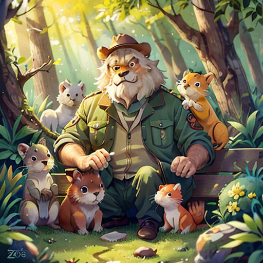 a man sitting on a bench surrounded by animals in the woods with a forest background and sun shining through the trees
