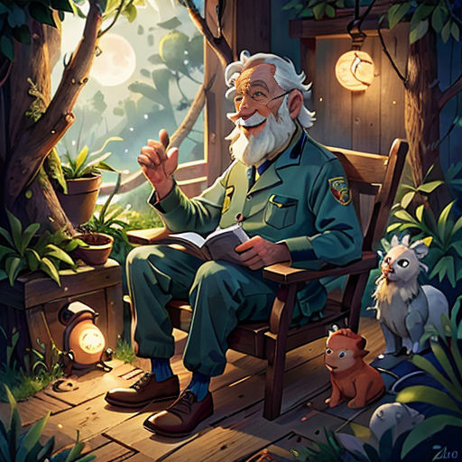 a man sitting on a bench in a forest reading a book with a cat nearby and a dog sitting on the ground