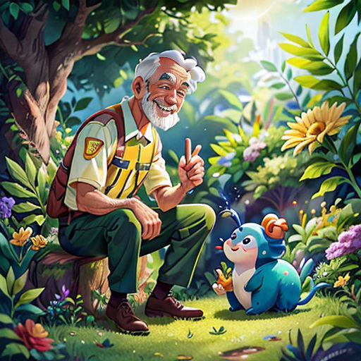 a man kneeling down next to a blue pokemon character in a forest with a tree and flowers in the background
