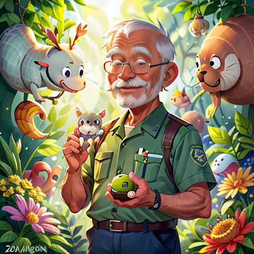 a man holding a green apple in front of a forest with animals and plants on it, and a fish in the background