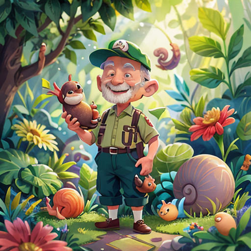 a cartoon character holding a snail in a forest with flowers and plants around him, with a snail on his arm