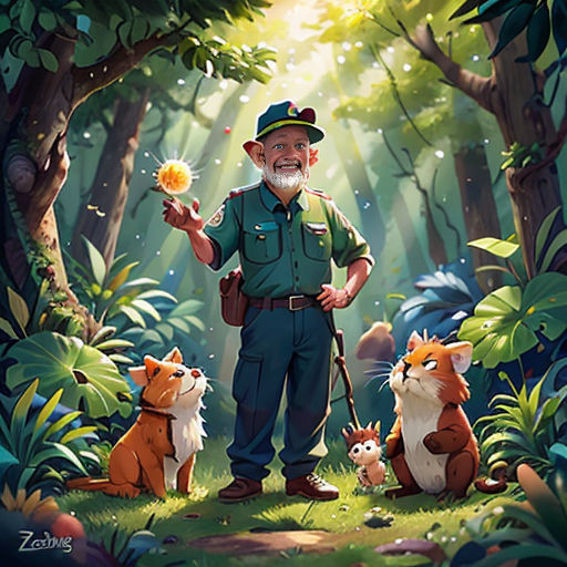a man with a beard and a green hat standing in the woods with two foxes and a flower in his hand