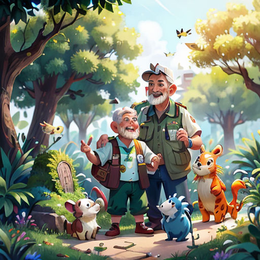 a painting of two men and a dog in a forest with a bird flying above them and a cat on the ground