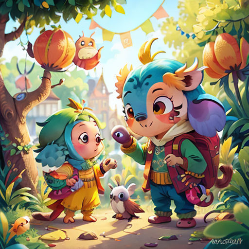 a couple of cartoon characters standing in the woods together, with a dog and a cat on the ground